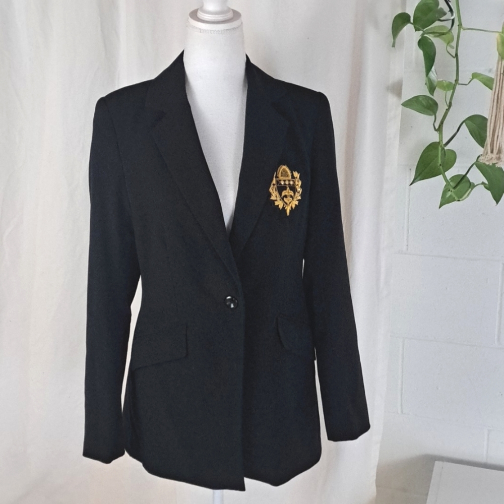 Boston Proper Andrea Behar Single Breasted Long Black Blazer Beaded Crest Sz6